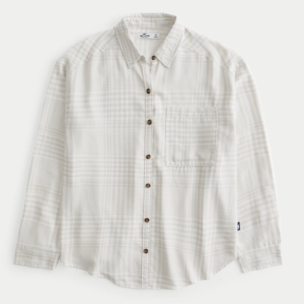 Hollister Oversized Flannel Shirt Cream Plaid Medium